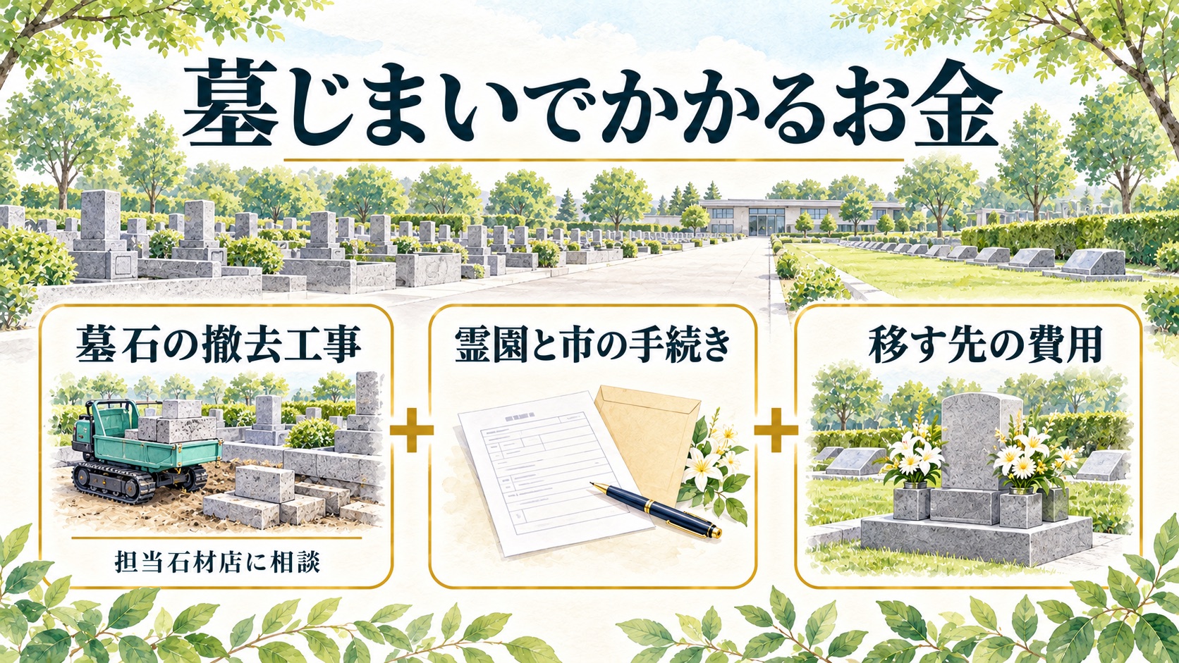 墓じまいのお金は墓石の撤去工事・霊園と市の手続き・移す先の費用の3つに分かれる図
