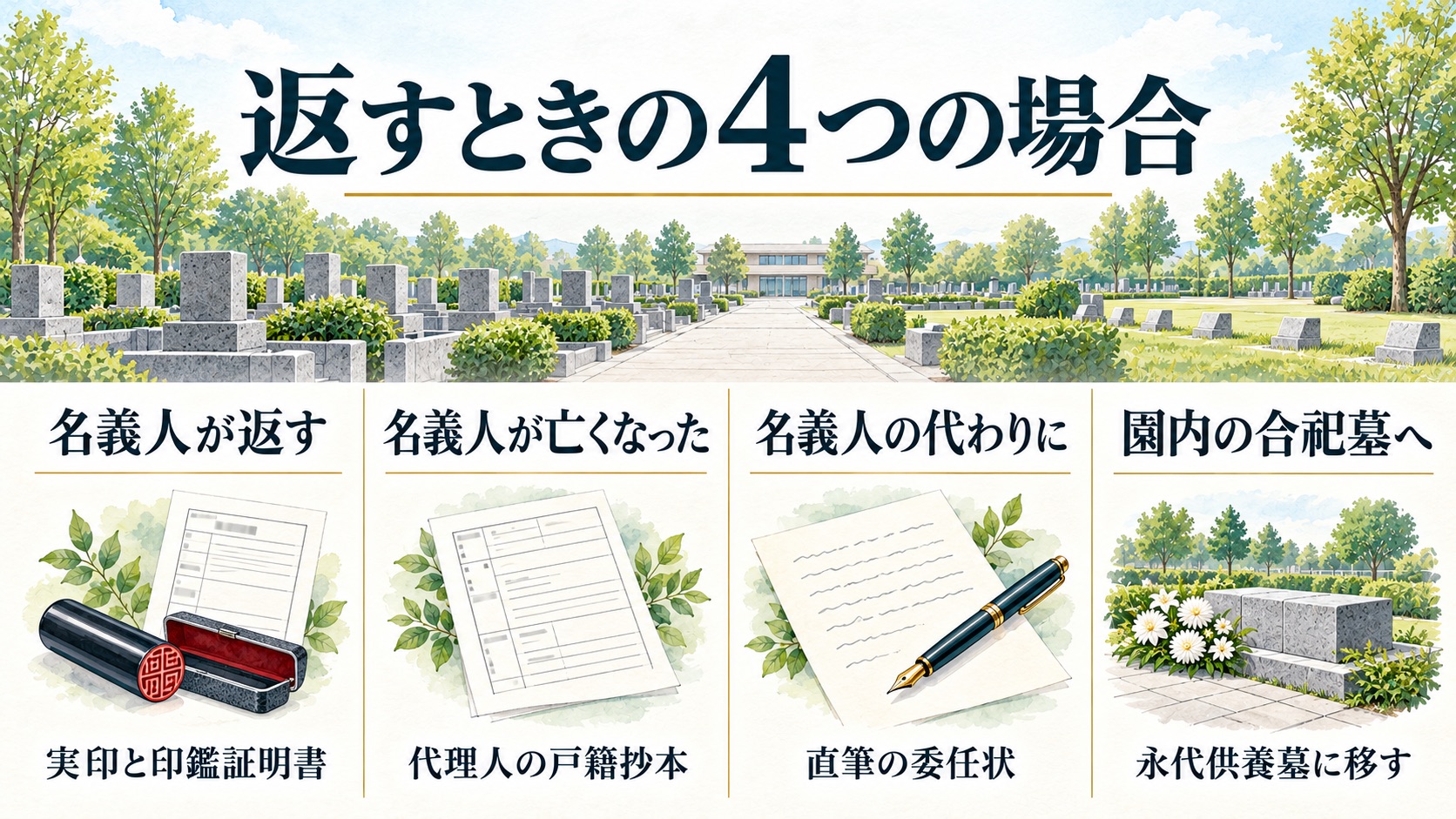 名義人本人・名義人が亡くなった・代わりに返す・園内の合祀墓への4つで返す書類が変わることを並べた図