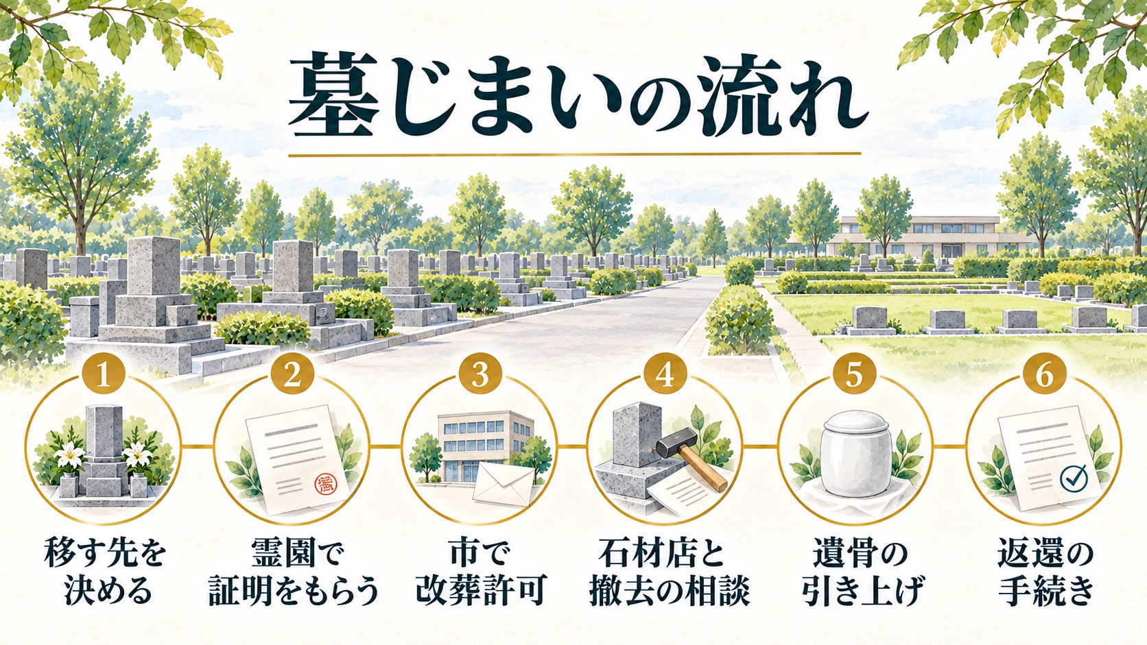 上尾霊園の墓じまいの流れを6つの段階で示した図