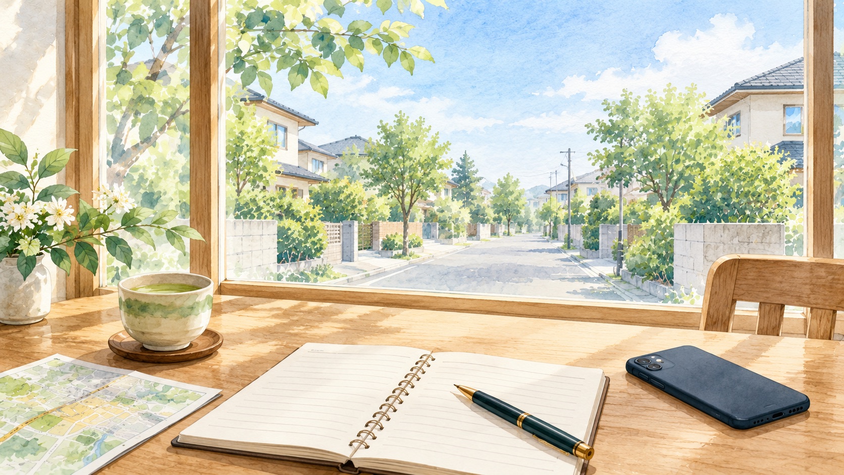 平らな住宅街の見える窓辺の机に、スマートフォンとノートとお茶を用意した水彩イラスト