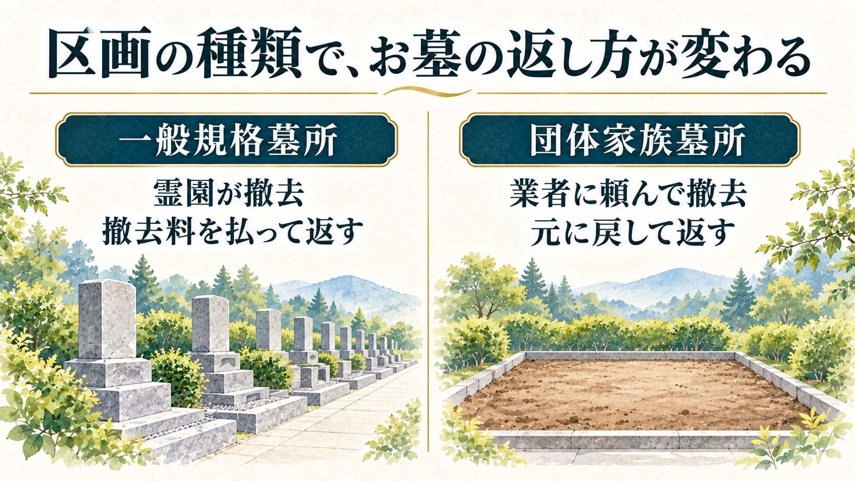 一般規格墓所は霊園が撤去、団体家族墓所は業者に頼んで元に戻して返すことを比べた図