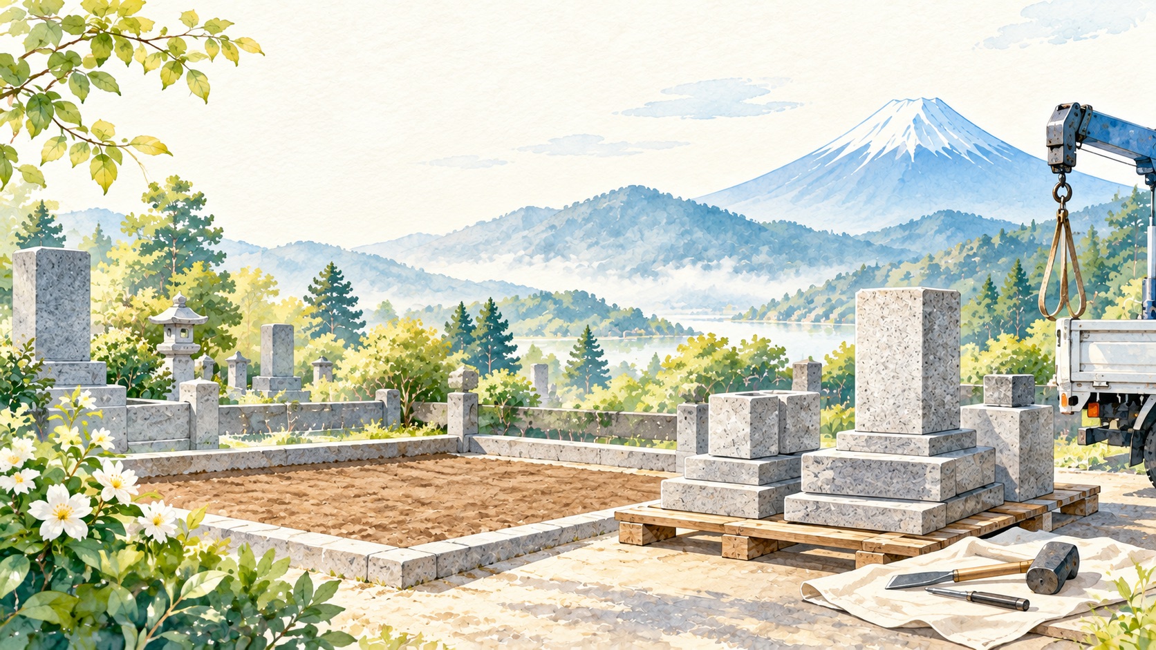 墓石を解体して区画を整地している様子の水彩イラスト