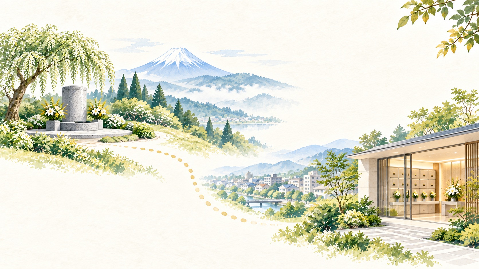 霊園の合葬墓から街の納骨堂へ遺骨を移すイメージの水彩イラスト