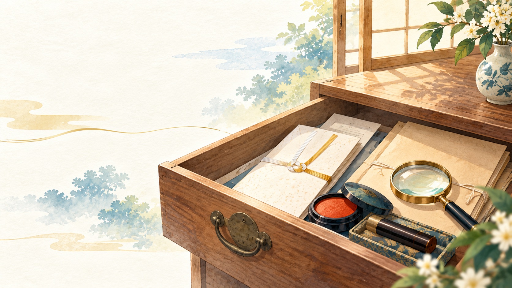引き出しの中の権利証や印鑑など大事な書類を探す水彩イラスト