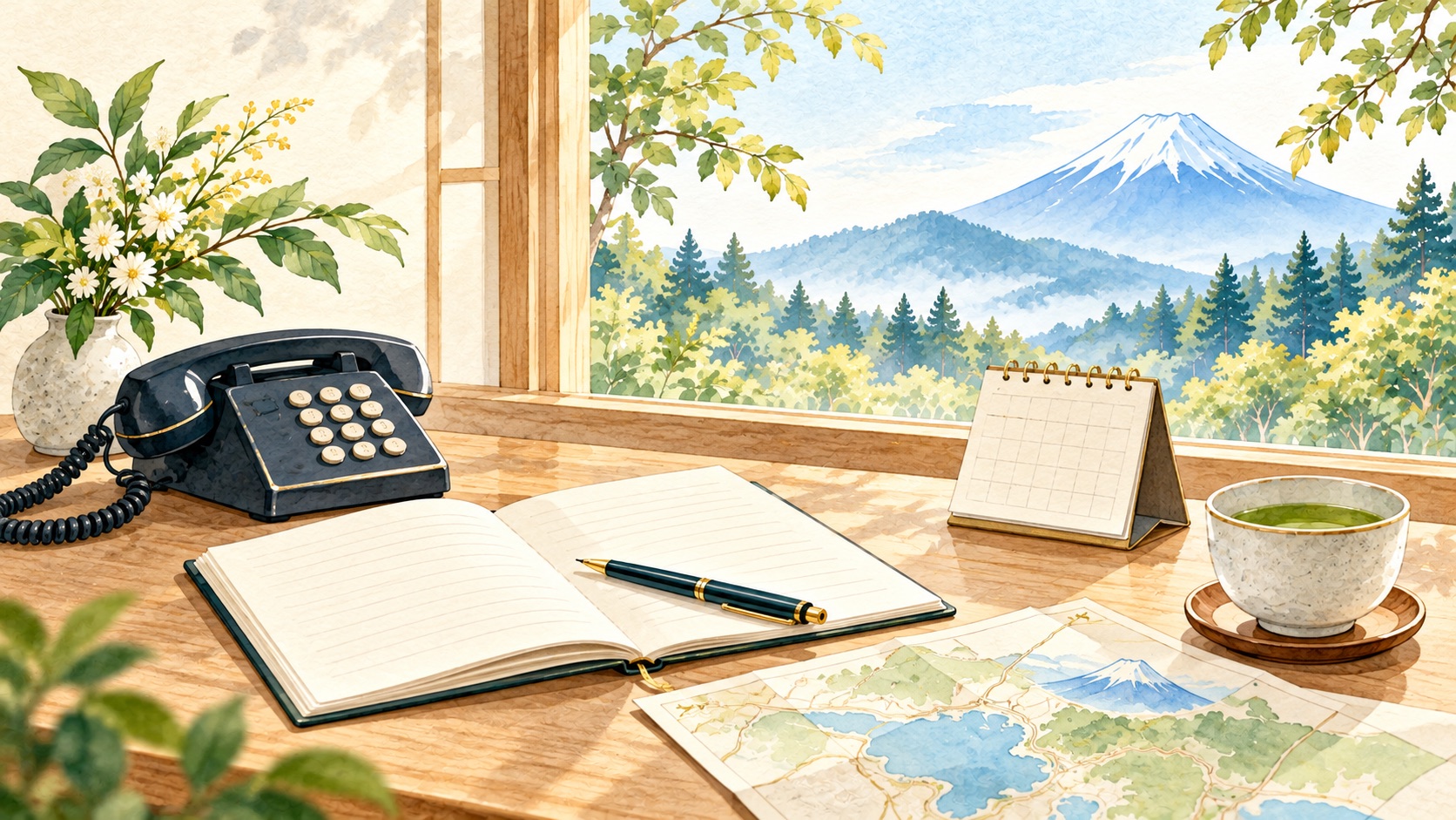 電話とノート、富士山の地図を置いた机で相談の準備をする水彩イラスト