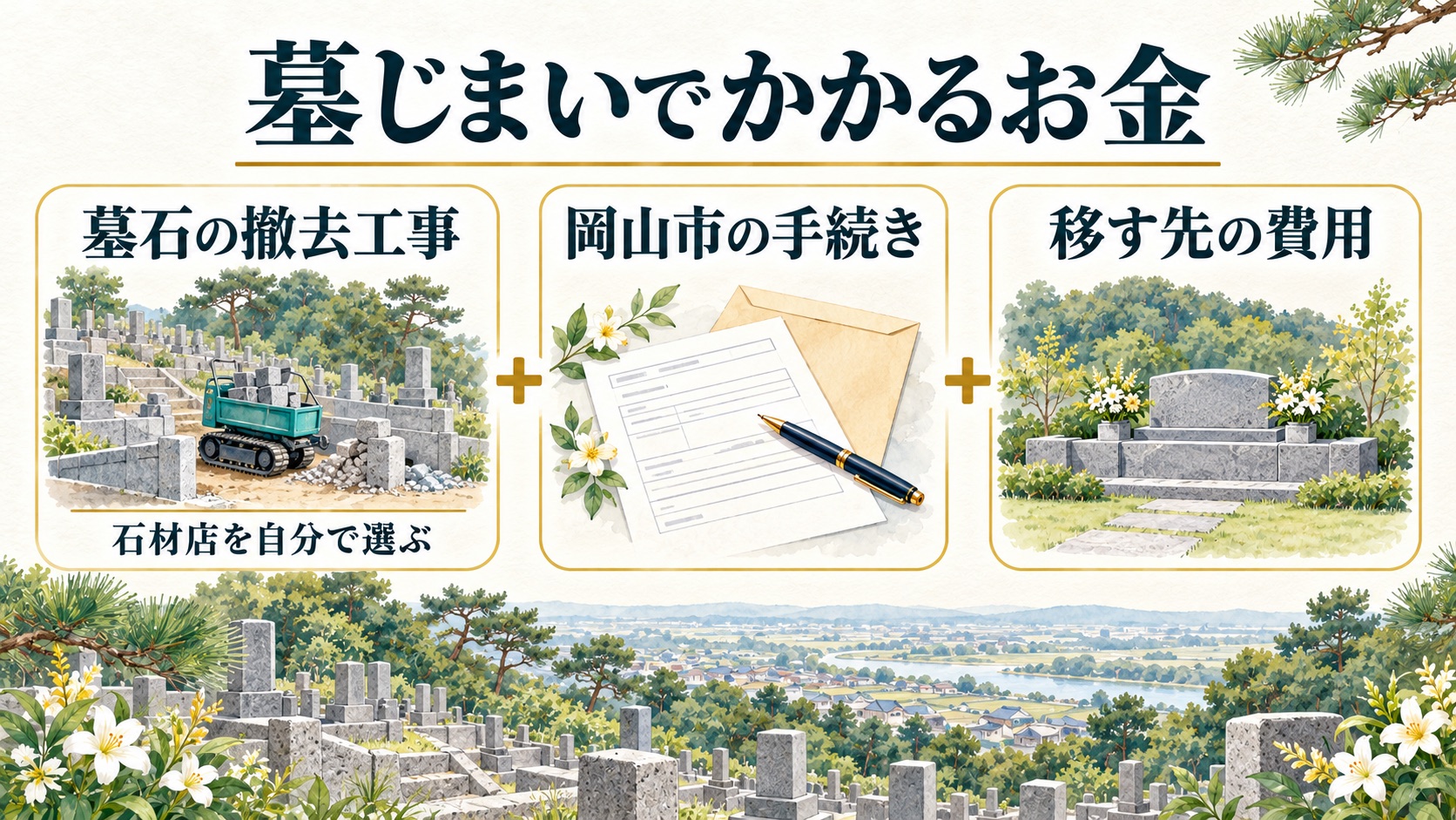 墓じまいのお金は墓石の撤去工事・岡山市の手続き・移す先の費用の3つに分かれ、石材店は自分で選ぶことを示す図