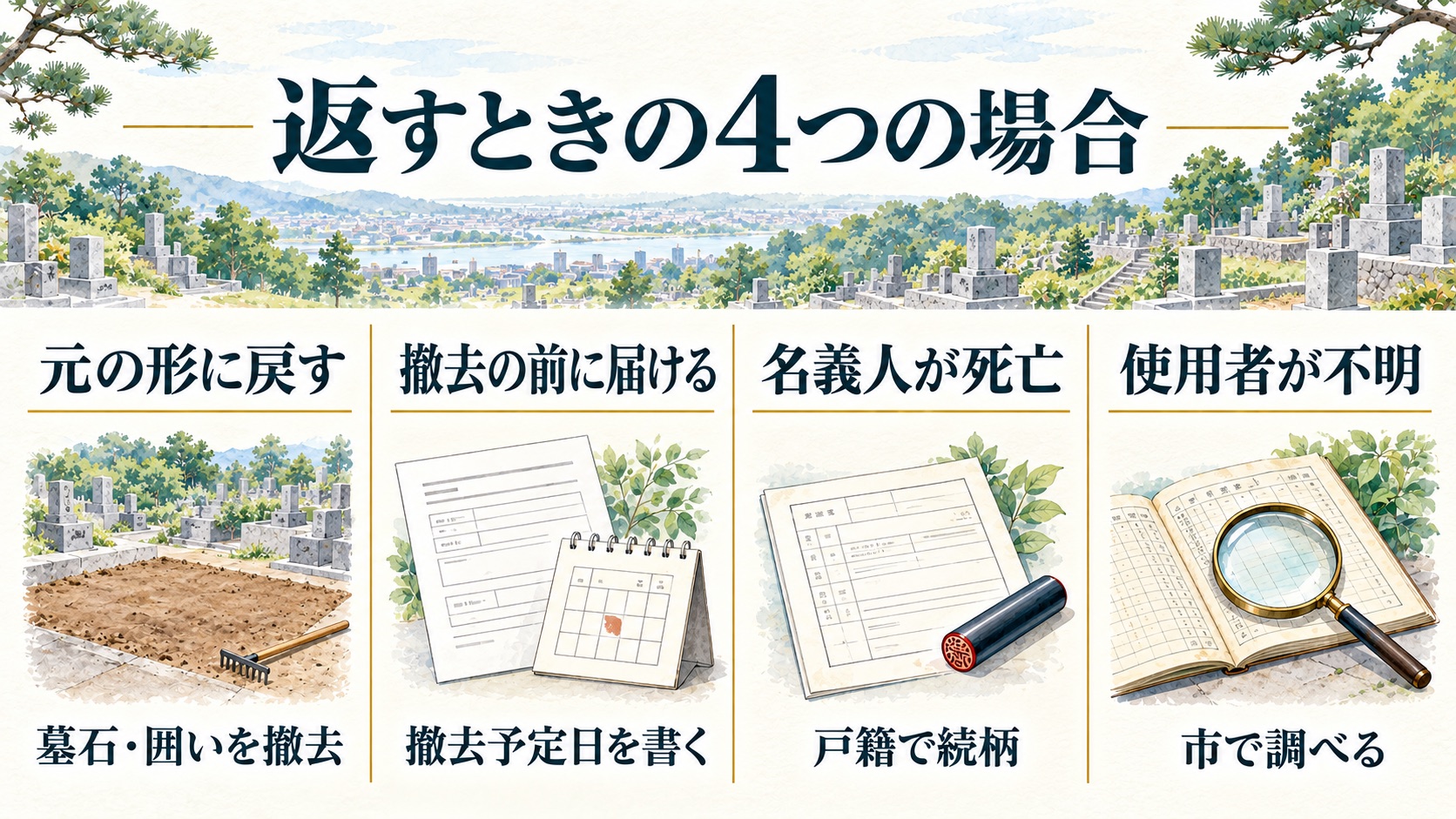 元の形に戻す、撤去の前に届ける、名義人が死亡、使用者が不明、の4つの場合で返し方の違いを比べた図