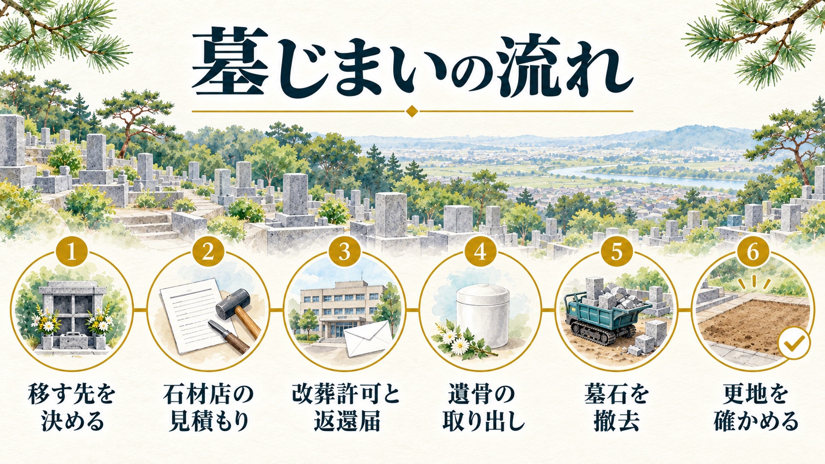 東山墓地の墓じまいの流れを、移す先を決めるところから更地を確かめるまでの6つの段階で示した図