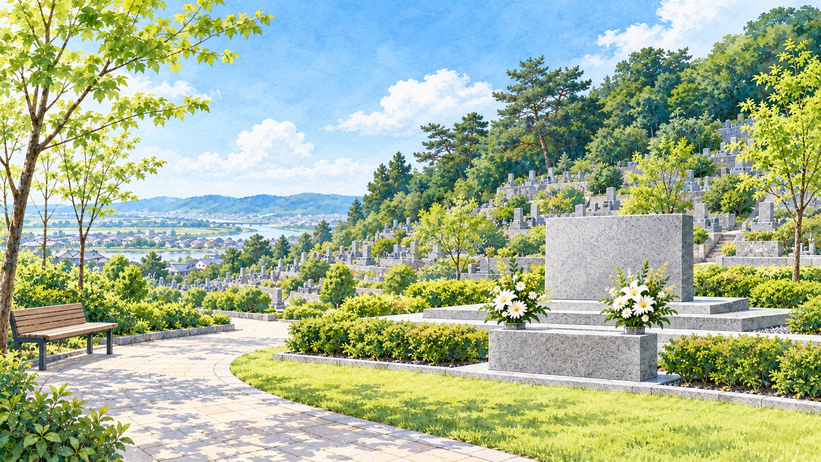 初夏の芝生の公園墓地にある低い石の合葬のお墓と、白い花を供えた献花台の水彩イラスト