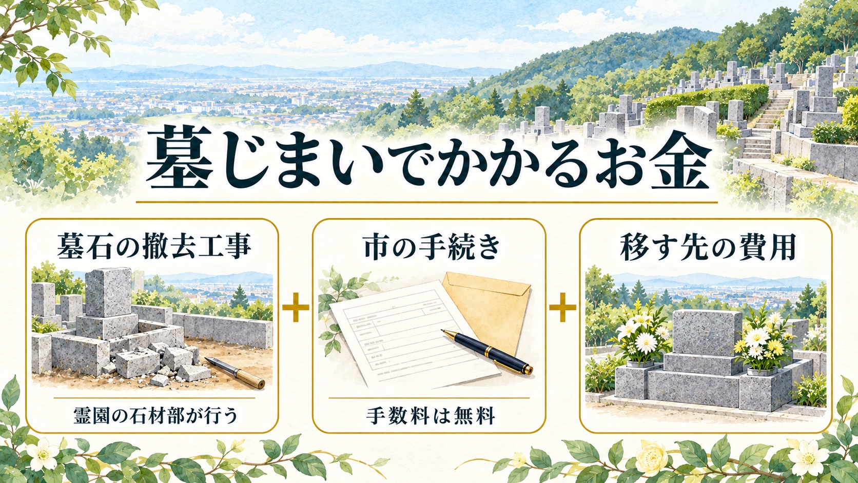 墓じまいのお金は霊園の石材部の撤去工事・手数料無料の市の手続き・移す先の費用の3つに分かれる図