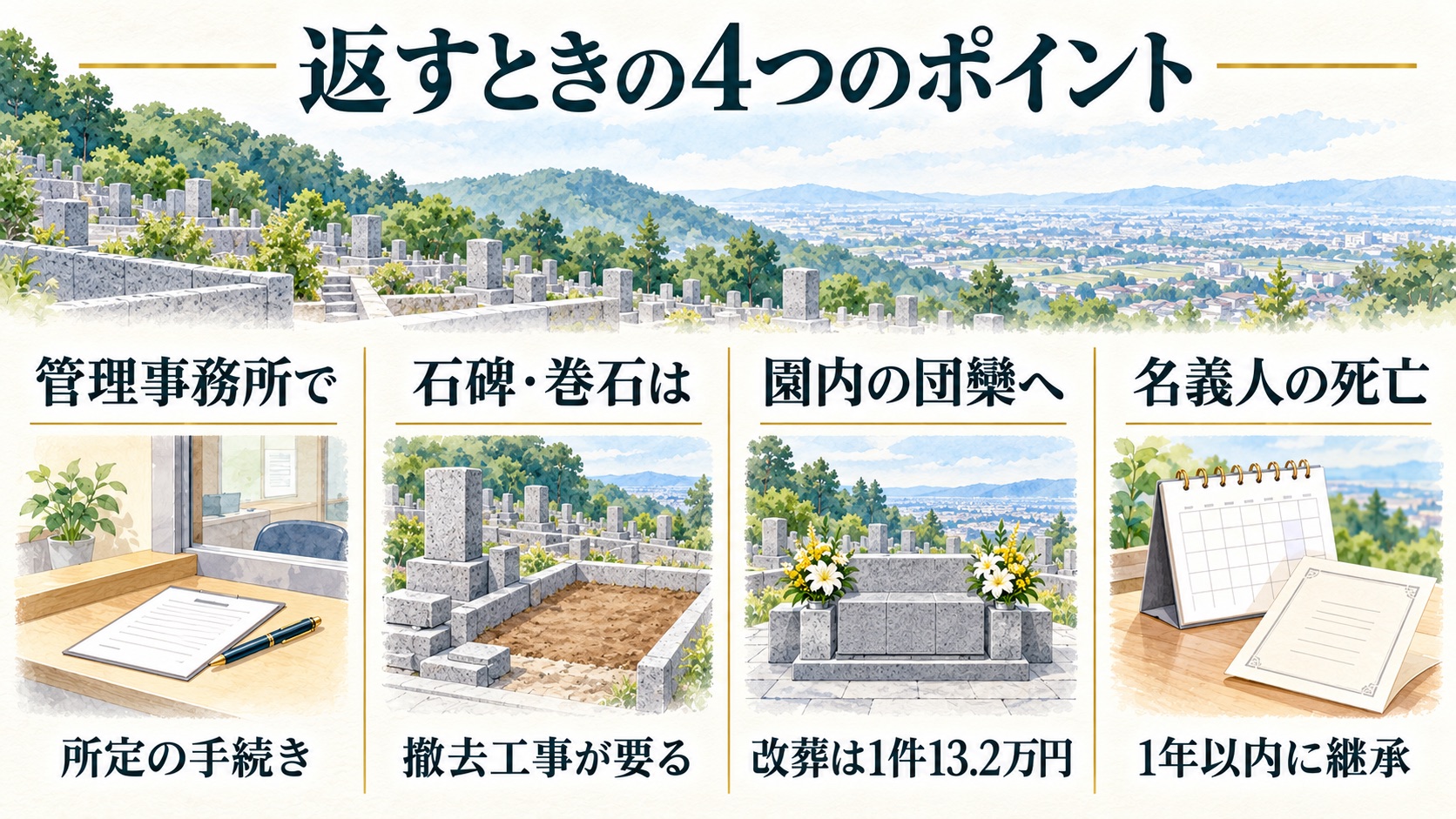 管理事務所で所定の手続き・石碑と巻石の撤去工事・園内の団欒へ移す・名義人の死亡は1年以内に継承、の4つを並べた図