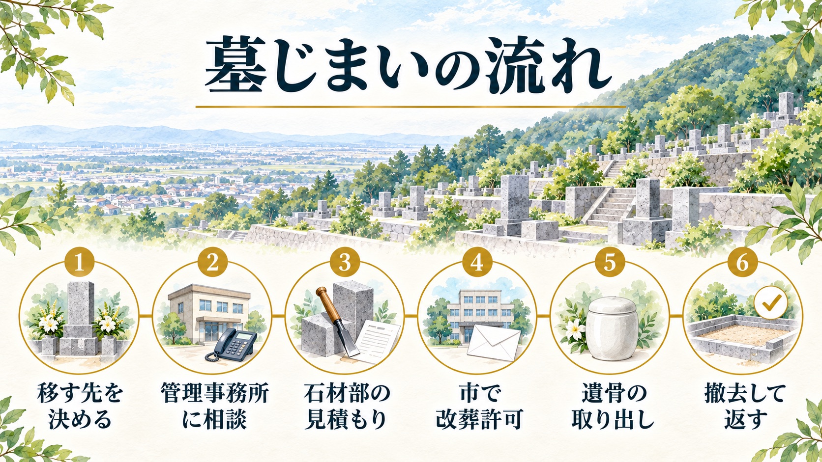 石切霊園の墓じまいの流れを6つの段階で示した図