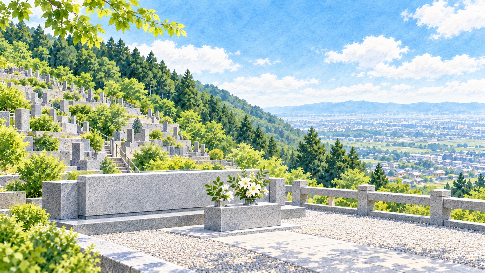 平野を見下ろす霊園の一角に建つ低い石の合祀の碑と、白い花を供えた石の台を描いた水彩イラスト