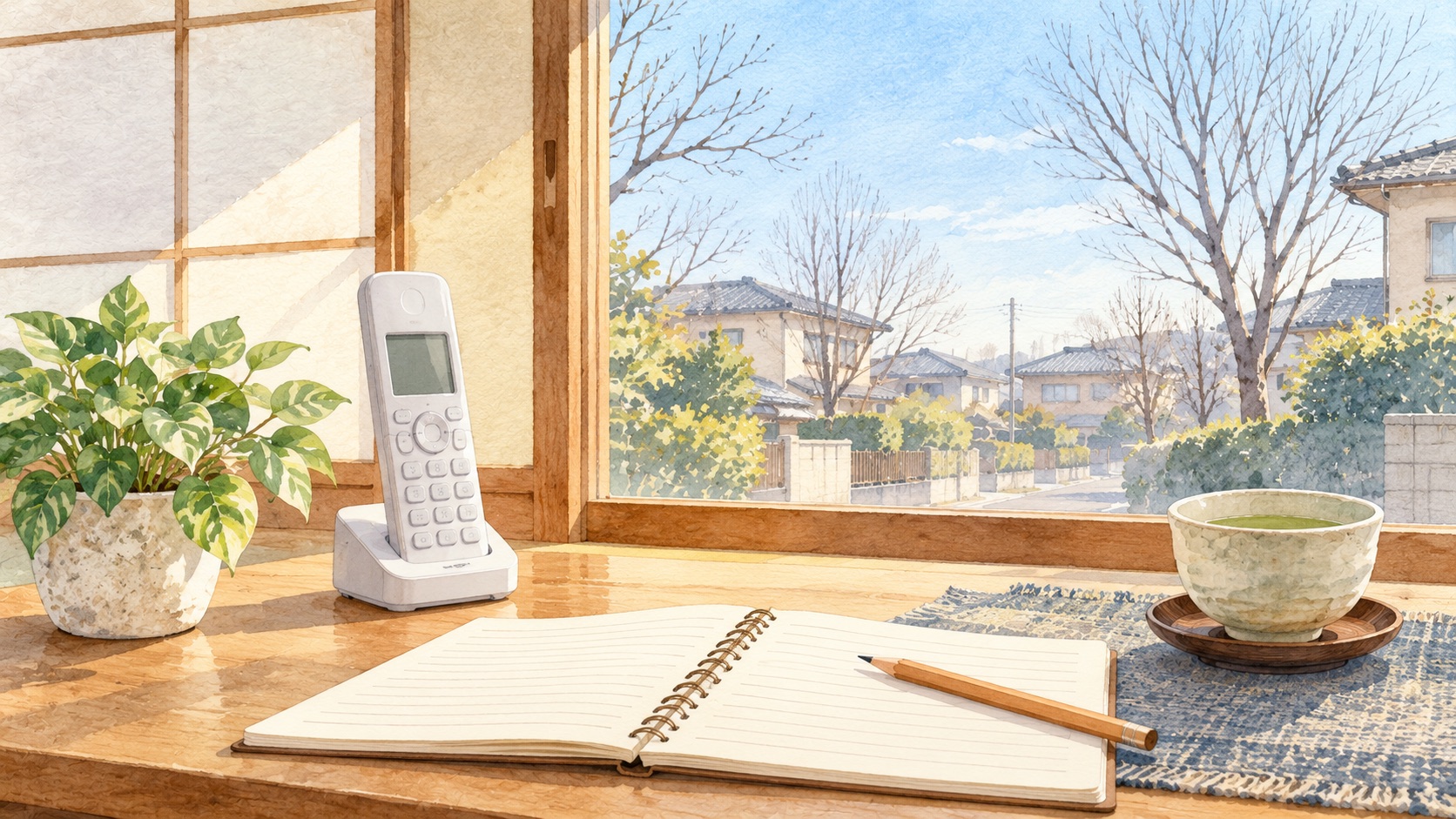冬の住宅街が見える窓辺の机に、電話とノートとお茶を用意した水彩イラスト