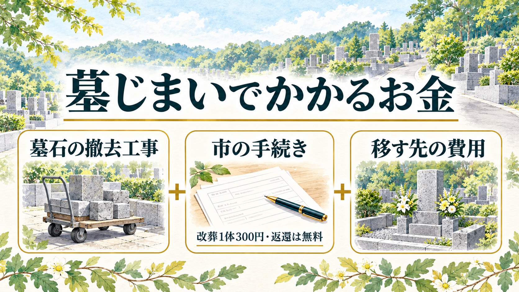 墓じまいのお金は墓石の撤去工事・市の手続き・移す先の費用の3つに分かれ、改葬の手続きは1体300円・返還は無料であることを示す図