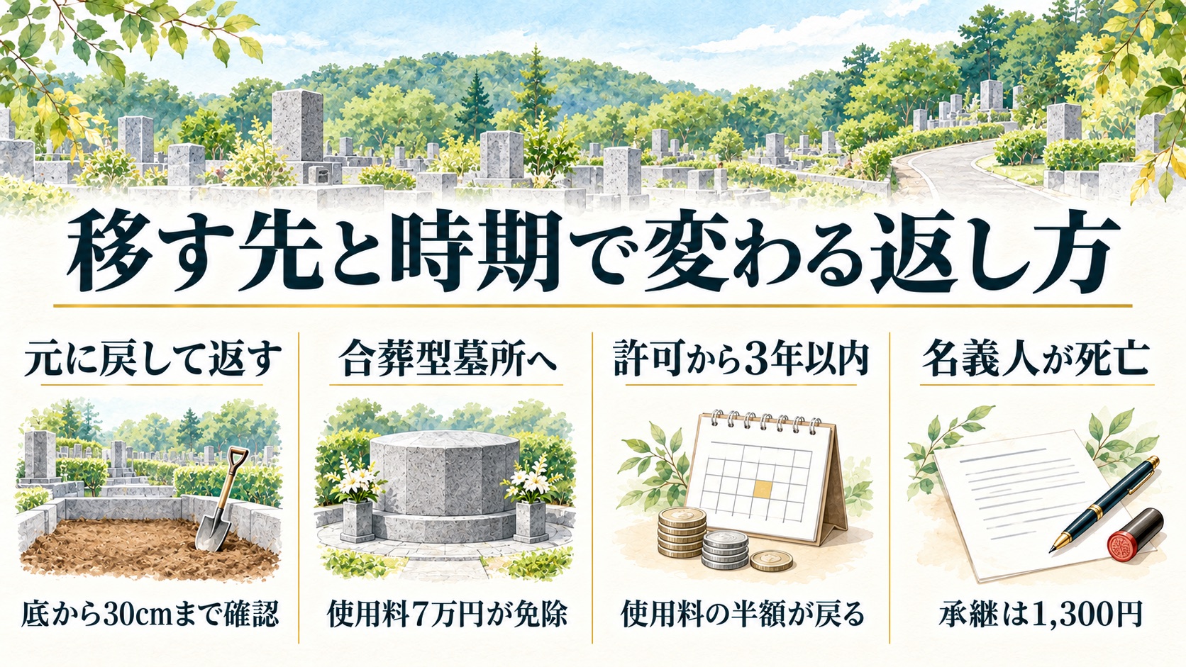 元に戻して返す、園内の合葬型墓所へ移す、利用許可から3年以内、名義人が亡くなっている場合の4つで返し方の違いを比べた図