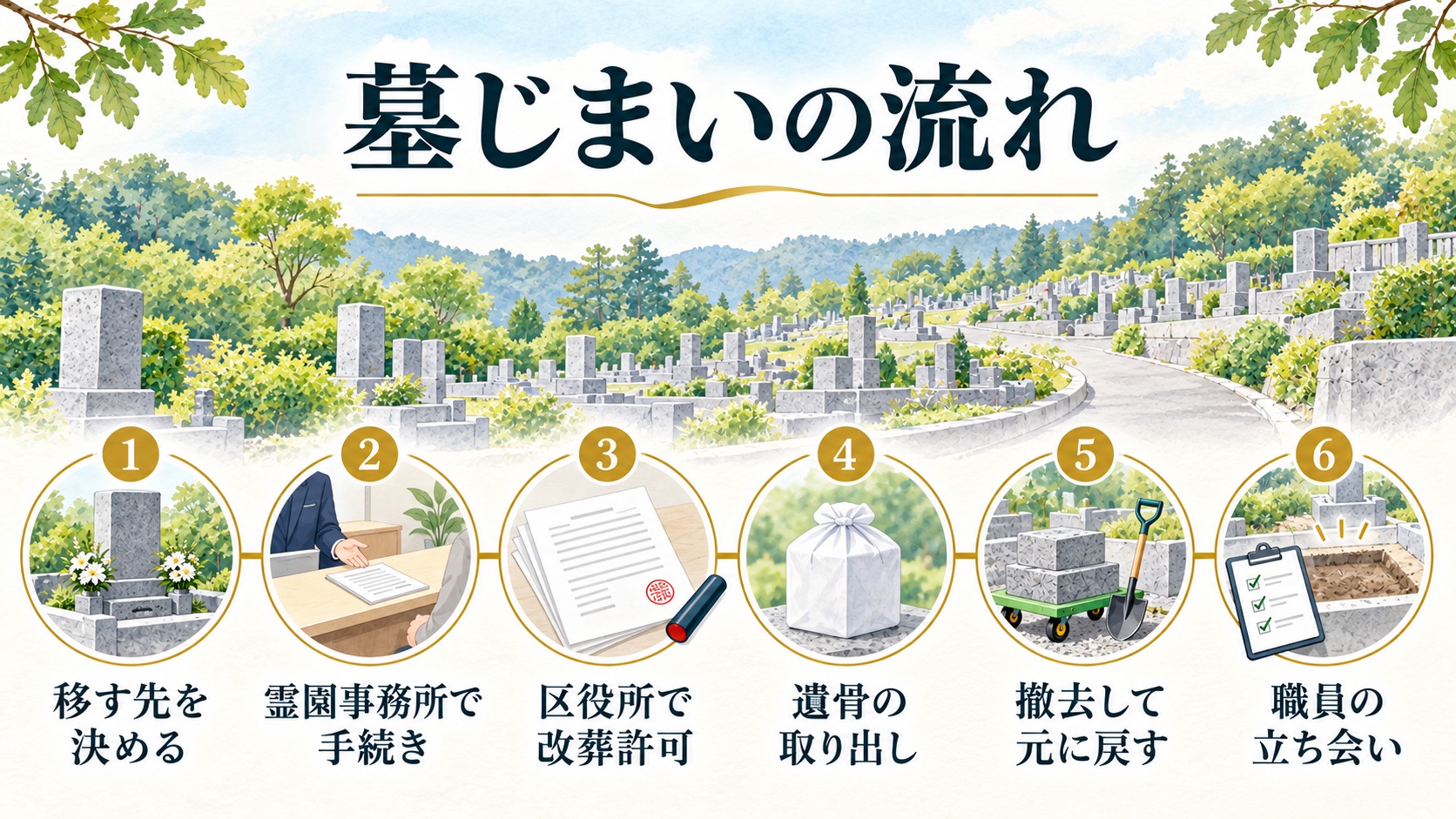 緑ヶ丘霊園の墓じまいの流れを、移す先を決めるところから職員の立ち会いまでの6つの段階で示した図