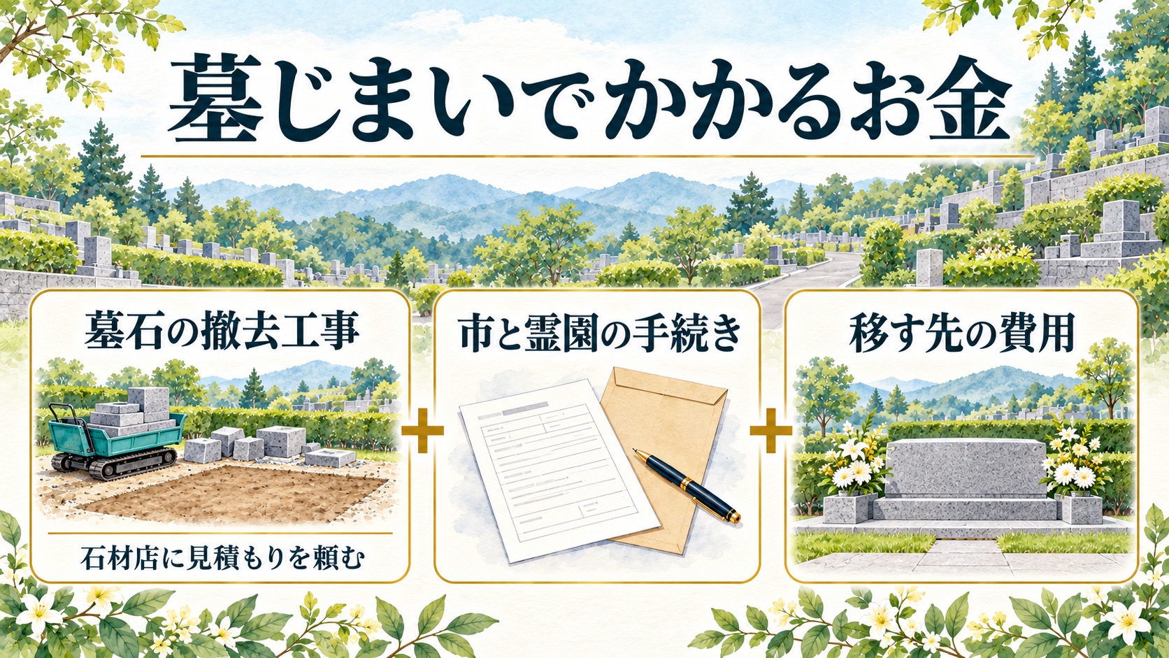 墓じまいのお金は墓石の撤去工事・市と霊園の手続き・移す先の費用の3つに分かれることを示す図