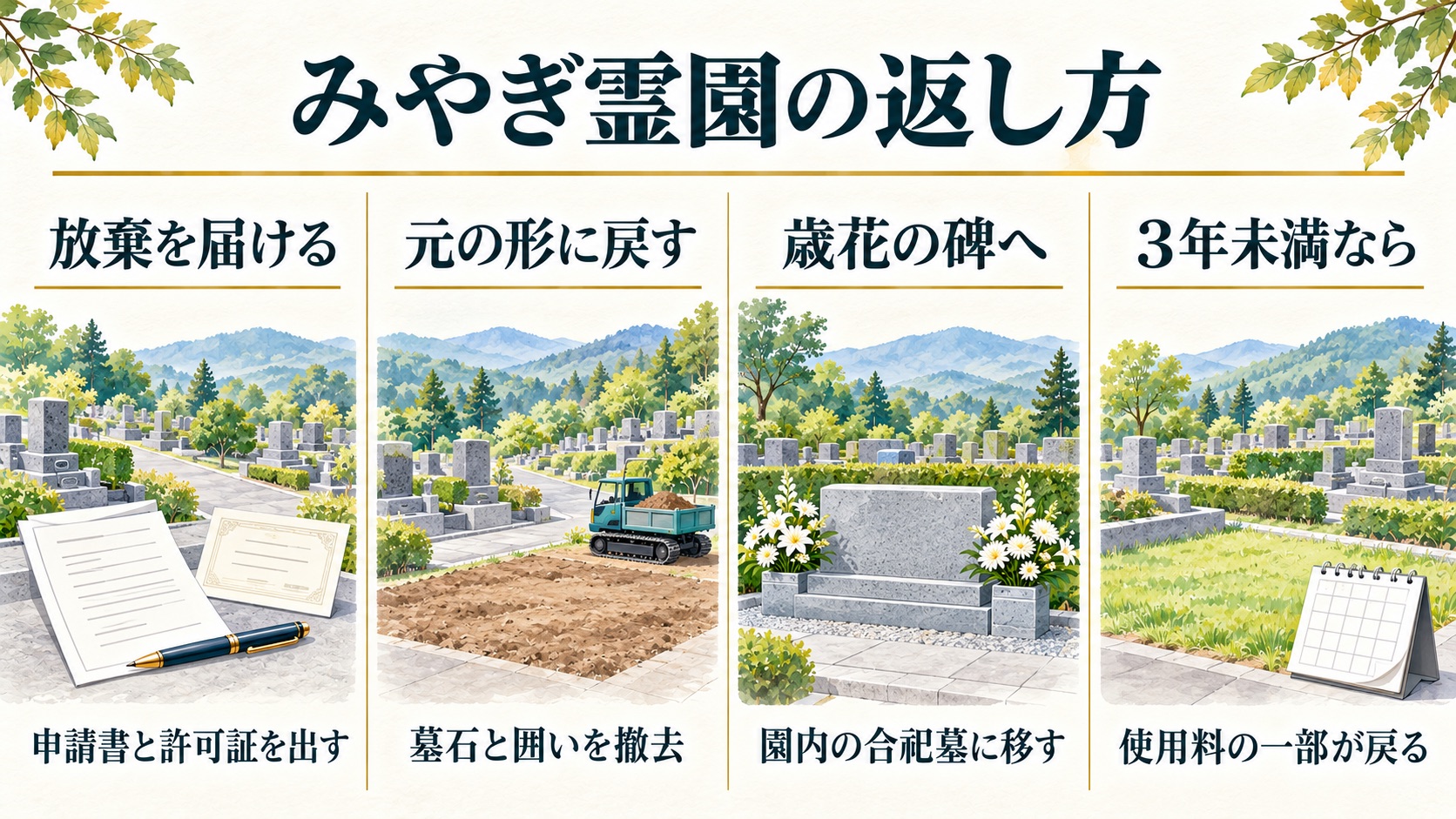 放棄を届ける、元の形に戻す、歳花の碑へ移す、3年未満なら使用料の一部が戻る、の4つの返し方を比べた図