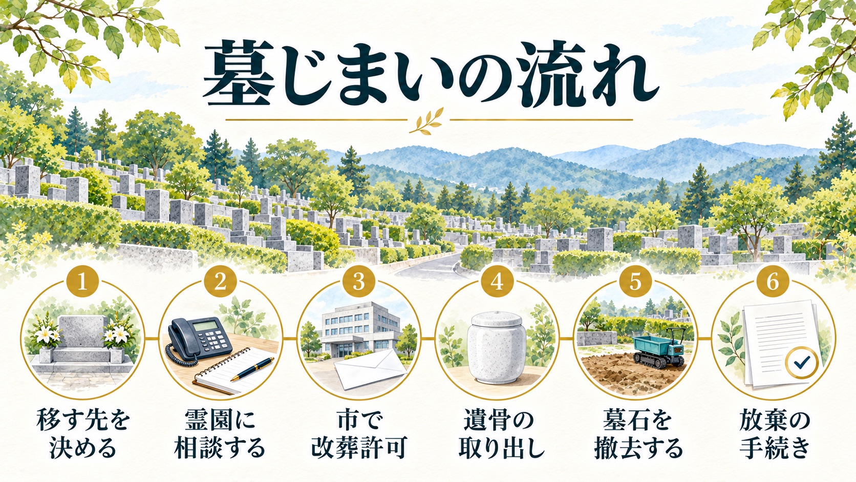 みやぎ霊園の墓じまいの流れを、移す先を決める所から放棄の手続きまでの6つの段階で示した図