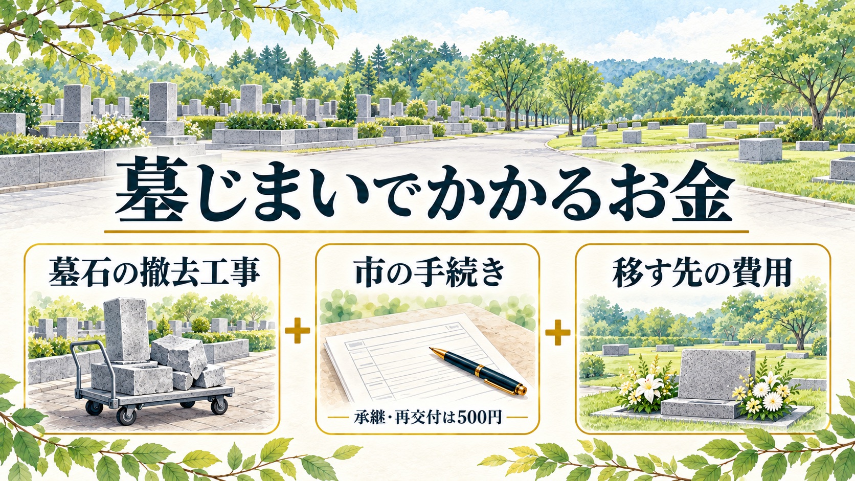 墓じまいのお金は墓石の撤去工事・市の手続き・移す先の費用の3つに分かれ、承継と再交付の手数料は500円であることを示す図