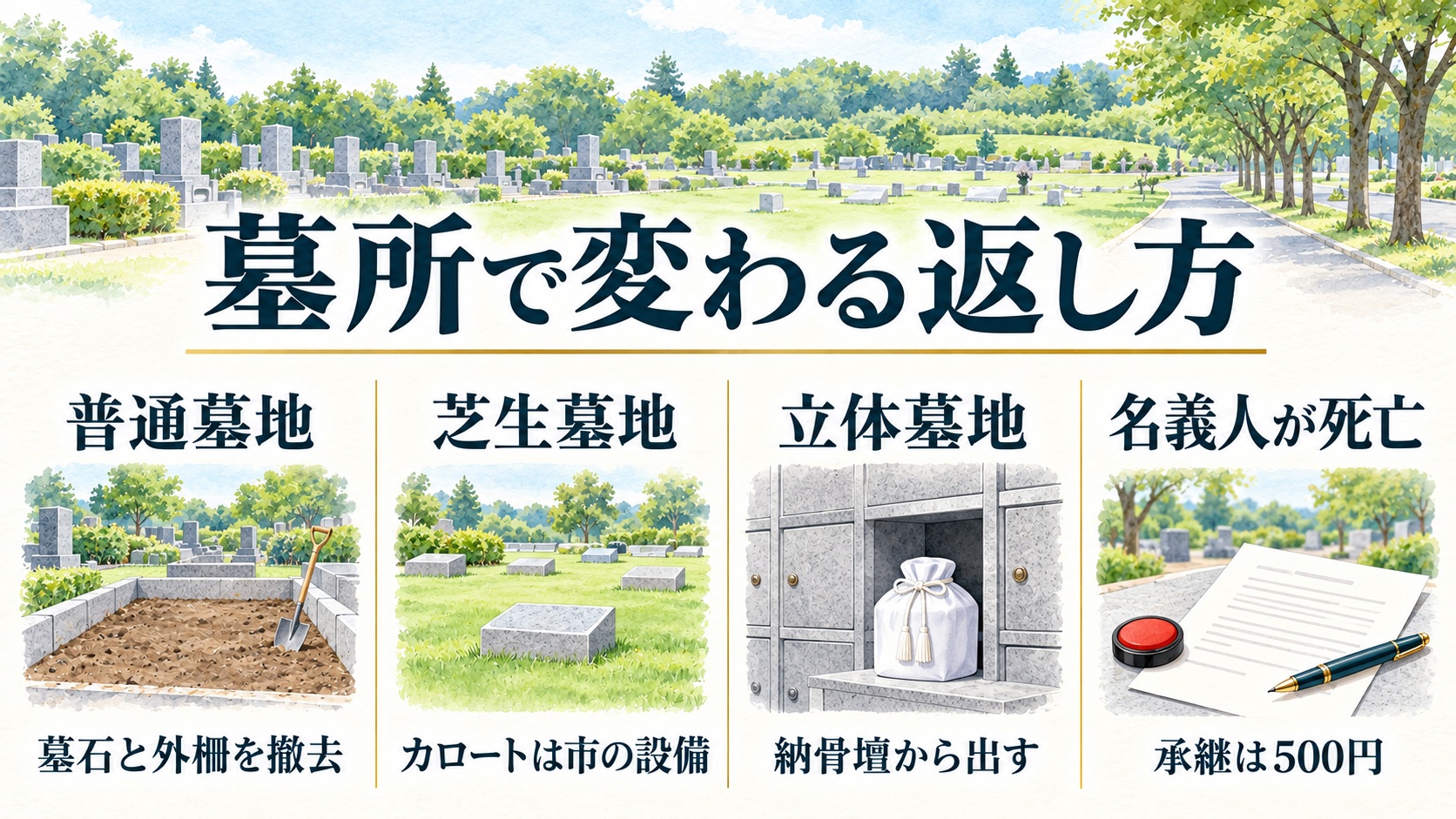 普通墓地、芝生墓地、立体墓地、名義人が亡くなっている場合の4つで返し方の違いを比べた図
