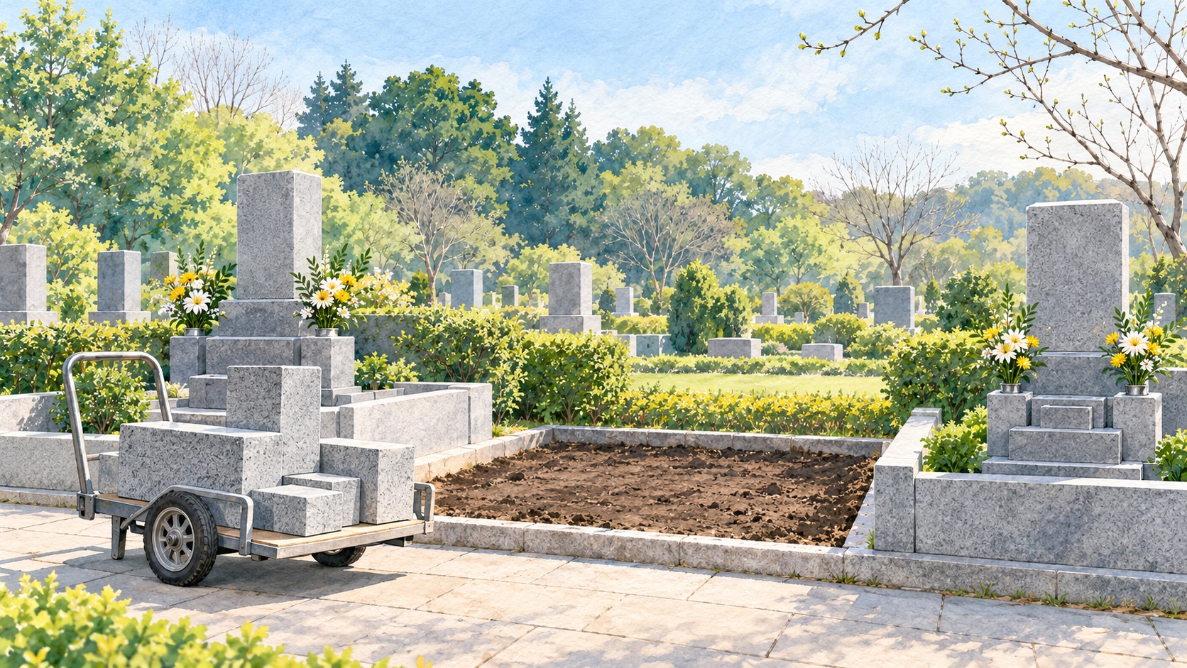 広い公園墓地の整った区画で、墓石と外柵を外して更地にし、石を手押しの台車に積んだ様子の水彩イラスト