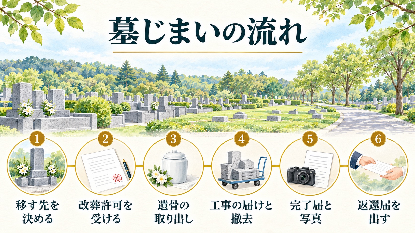 大庭台墓園の墓じまいの流れを、移す先を決めるところから返還届までの6つの段階で示した図