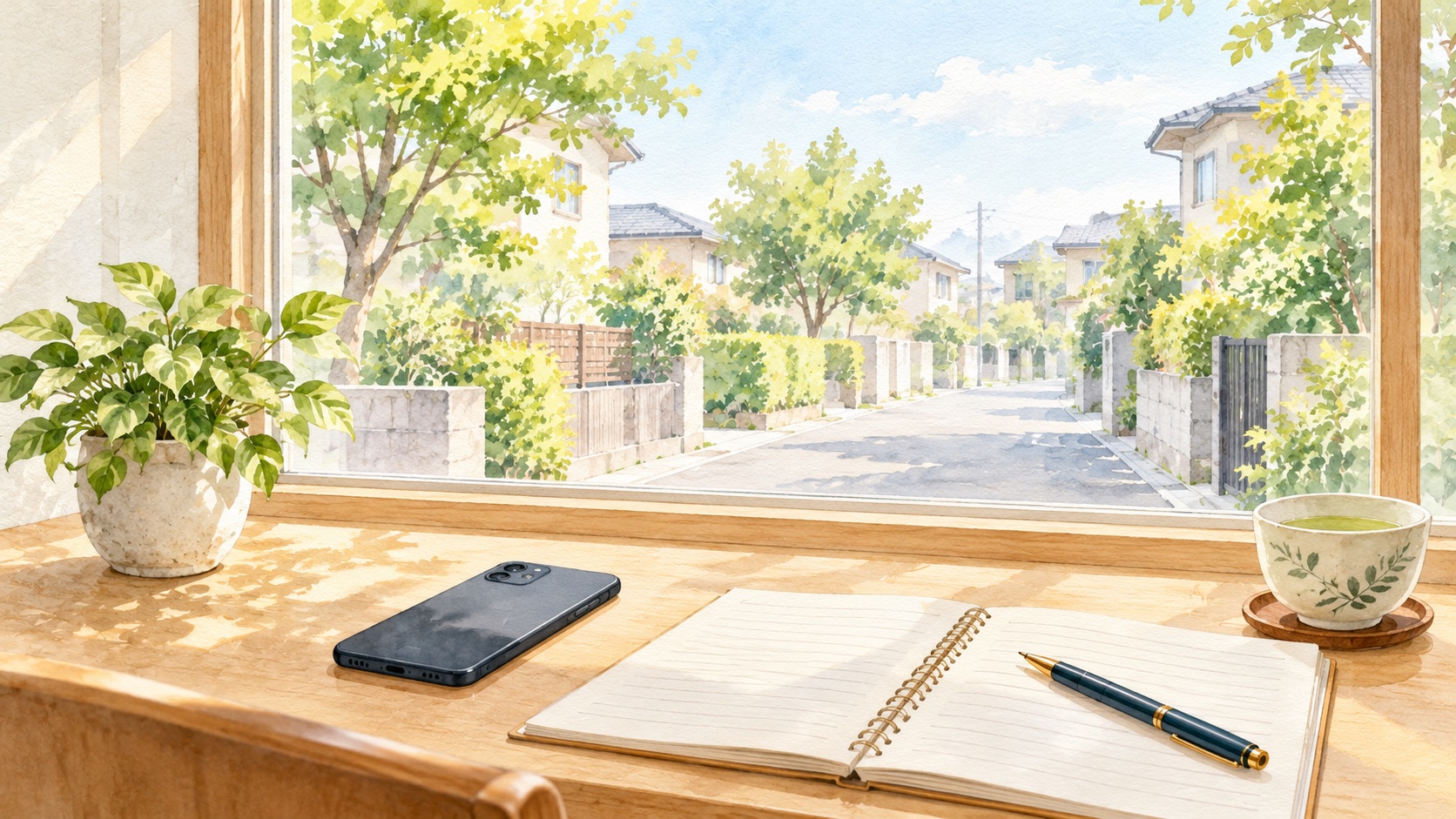 窓の外に緑の街路樹の住宅街が見える机に、スマートフォンとノートと緑茶を用意した水彩イラスト