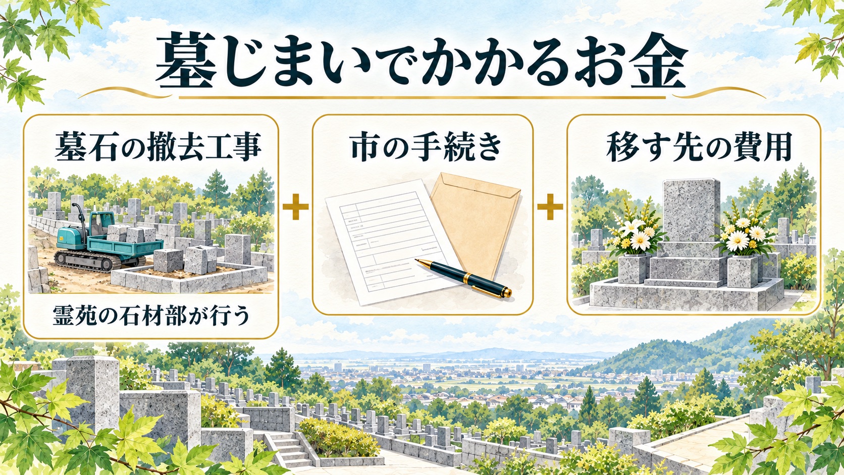 墓じまいのお金は霊苑の石材部の撤去工事・市の手続き・移す先の費用の3つに分かれる図