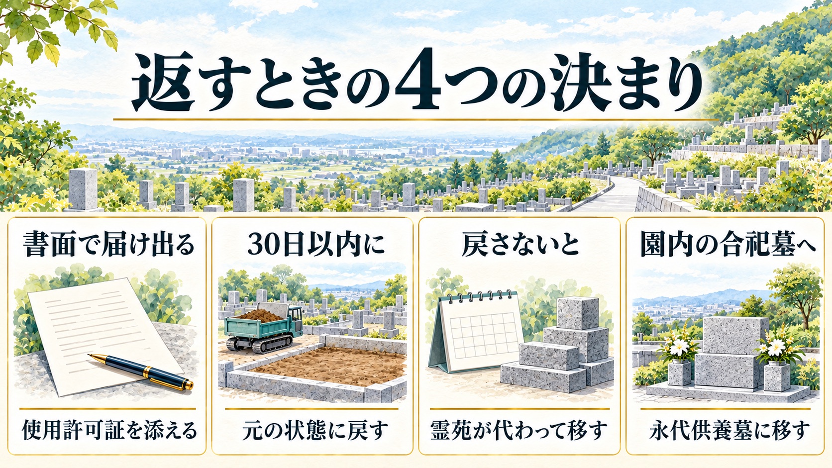 書面で届け出る・30日以内に元に戻す・戻さないと霊苑が代わって移す・園内の合祀墓へ移す、の4つを並べた図