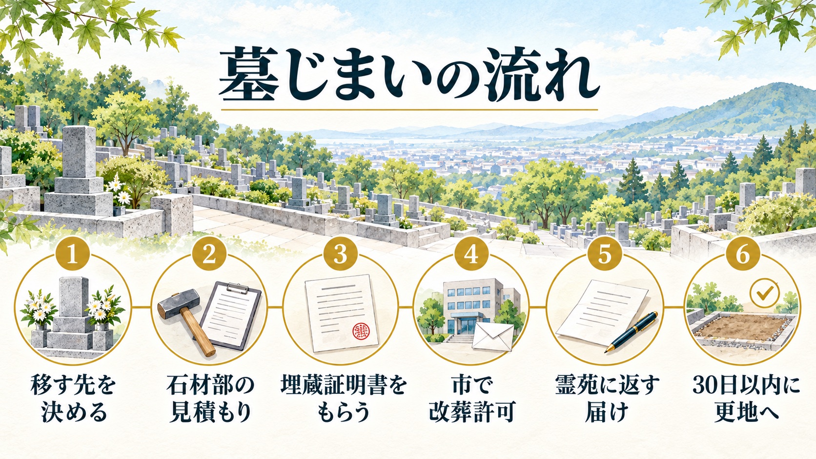 信貴霊苑の墓じまいの流れを6つの段階で示した図