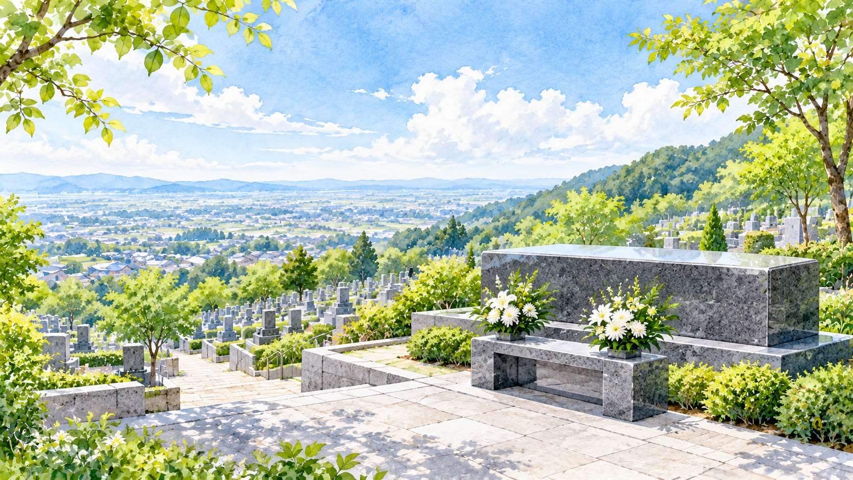 平野を見下ろす霊園の一角に建つ低い石の合祀の供養碑と、白い花を供えた石の台を描いた水彩イラスト