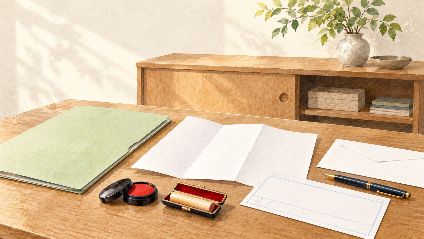 木の棚の前の机に書類のファイル・証書・振込用紙・印鑑と朱肉が置かれた水彩イラスト