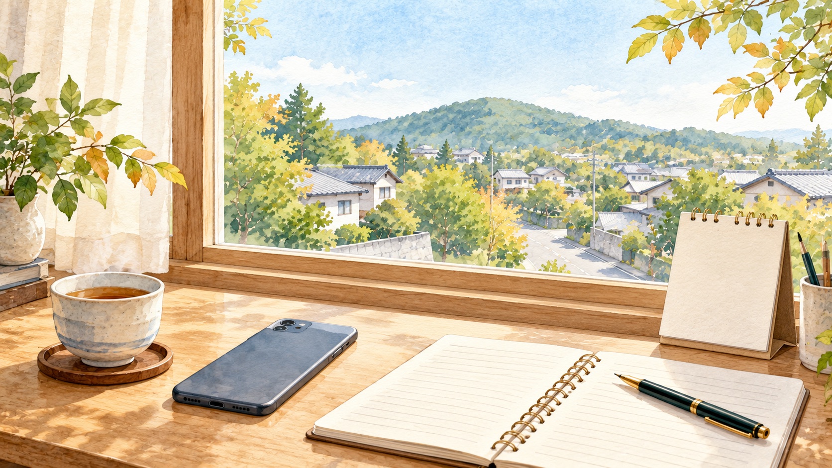 遠くに低い山の見える窓辺の机に、スマートフォンとノートとお茶を用意した水彩イラスト