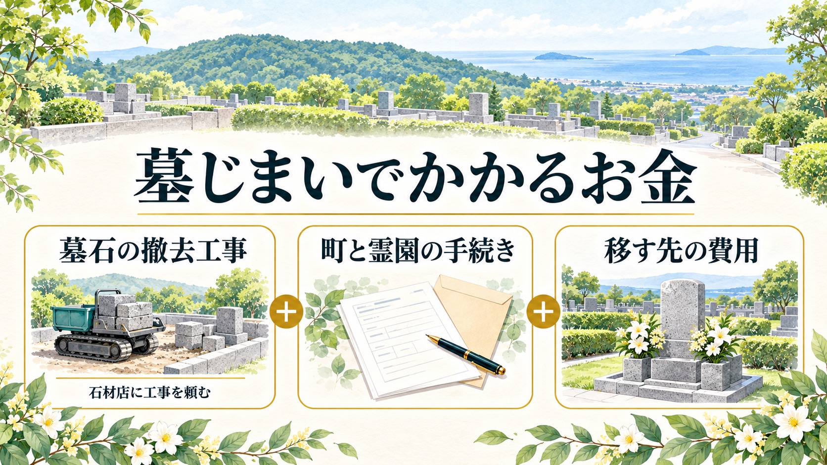 墓じまいのお金は墓石の撤去工事・町と霊園の手続き・移す先の費用の3つに分かれることを示す図