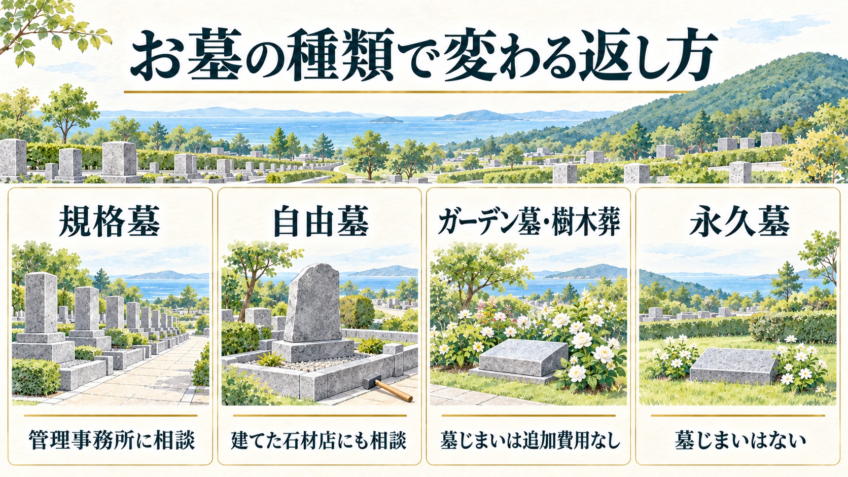 規格墓、自由墓、ガーデン墓と樹木葬、永久墓の4つで、返し方の違いを比べた図
