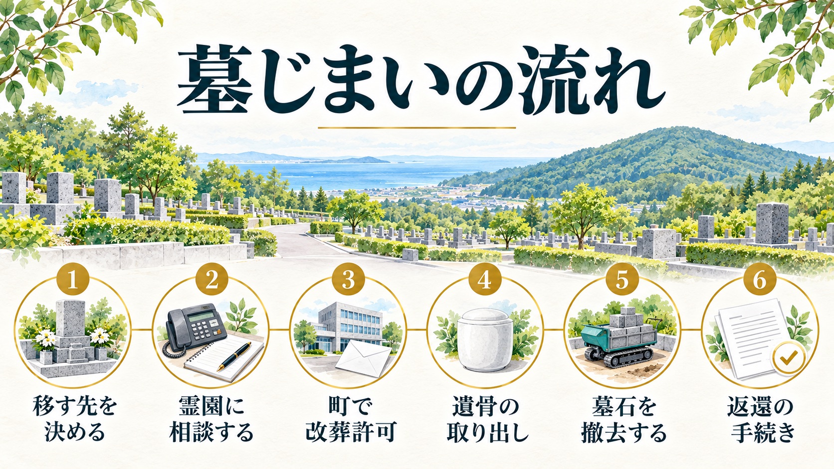 新宮霊園の墓じまいの流れを、移す先を決める所から返還の手続きまでの6つの段階で示した図