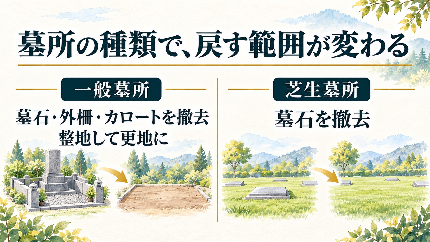 一般墓所は墓石・外柵・カロートを撤去して更地に、芝生墓所は墓石を撤去することを比べた図