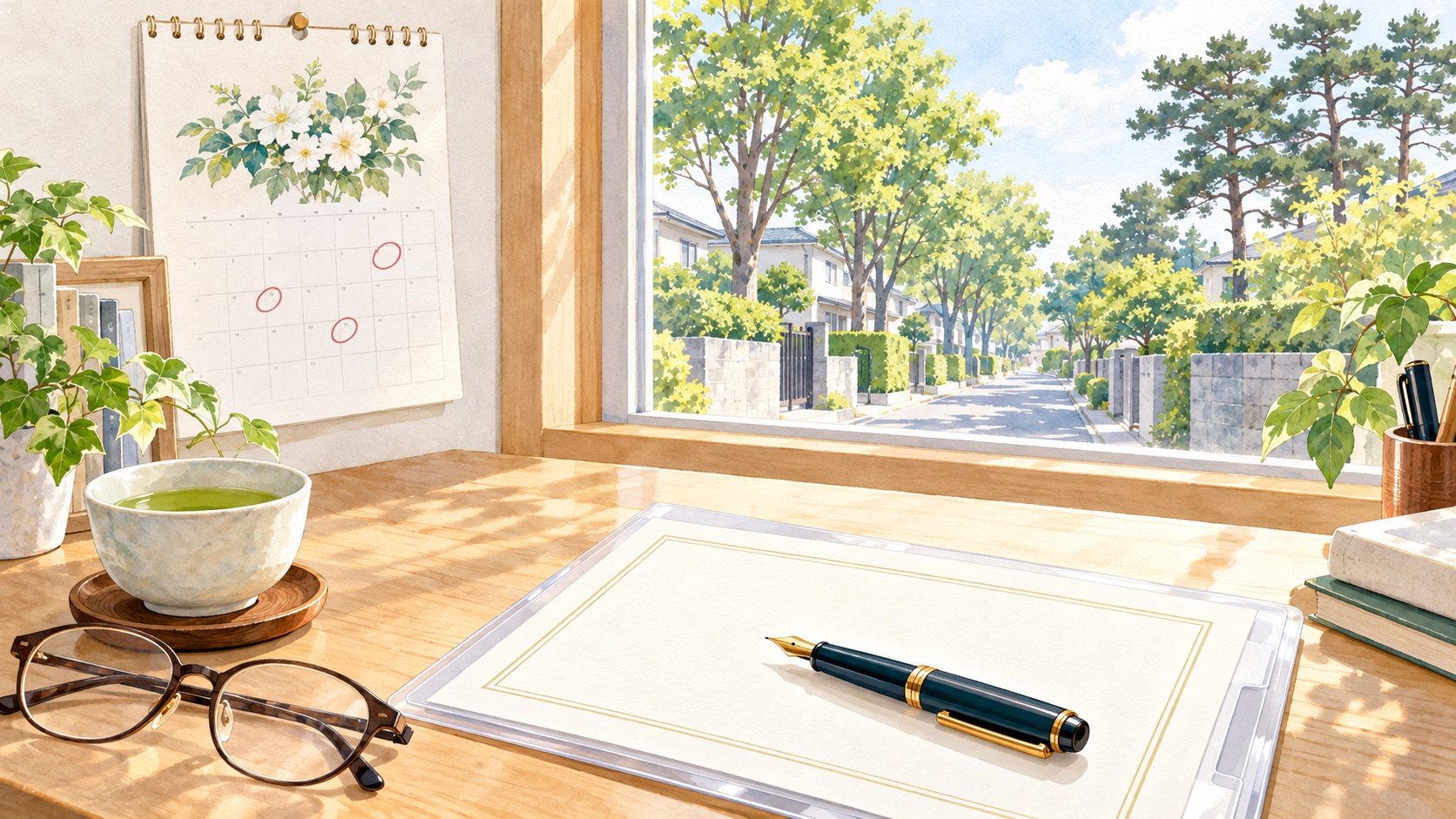 印をつけたカレンダーと大事な書類、万年筆を置いた机の水彩イラスト