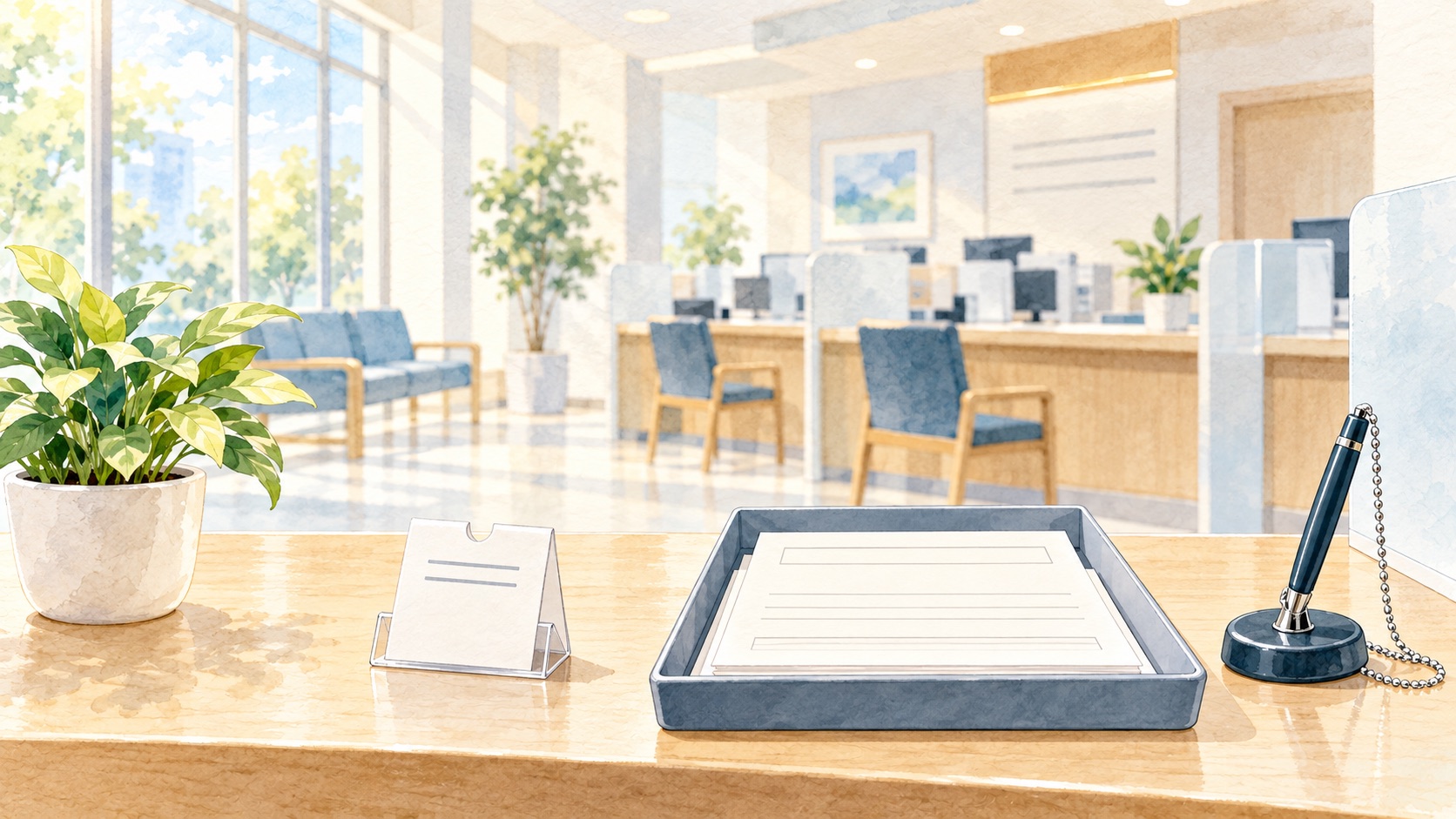 市役所の窓口に番号札と申請書が置かれた水彩イラスト